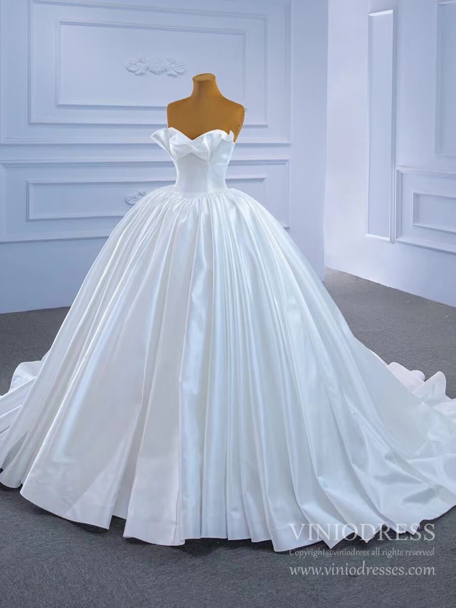 Ruffle Ivory Satin Strapless Wedding Dresses Luxury Bridal Gowns 67349 Viniodress-wedding dresses-Viniodress-As Picture-Custom Size-Viniodress