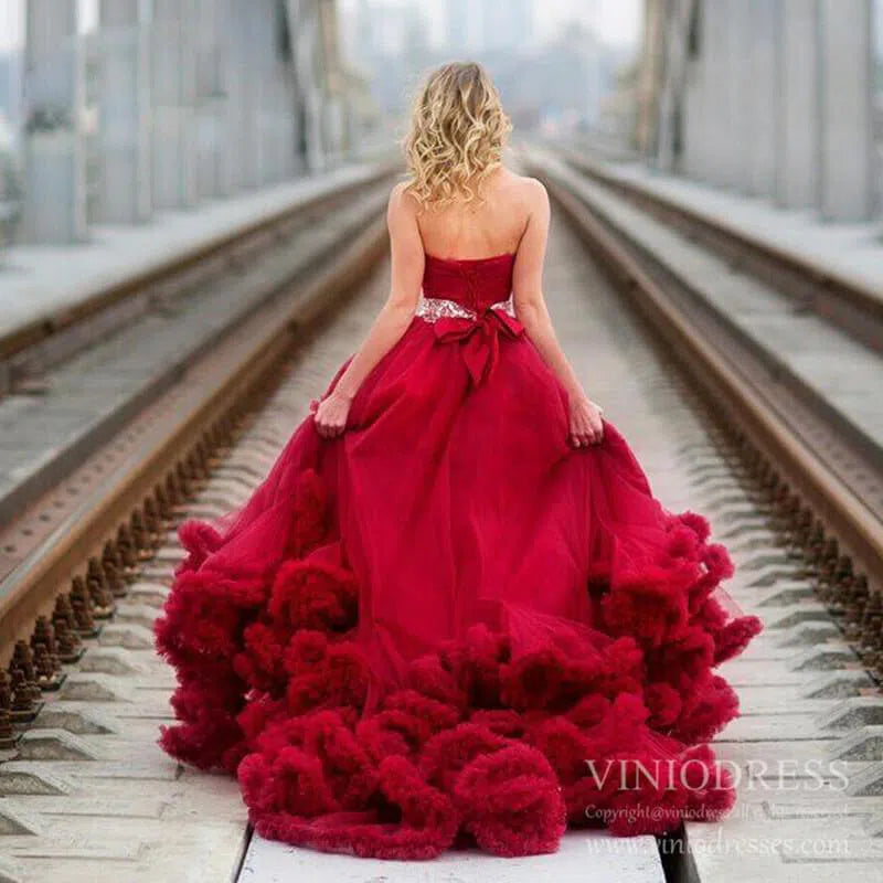 Ruffle Layered Vintage Ball Gown Strapless Couture Formal Dresses 6662 viniodress-Quinceanera Dresses 2025 -Viniodress-Dark Red-Custom Size-