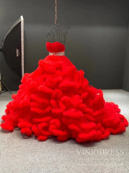 Ruffle Layered Vintage Ball Gown Strapless Couture Formal Dresses 6662 viniodress-Quinceanera Dresses 2025 -Viniodress-Dusty Rose-Custom Size-