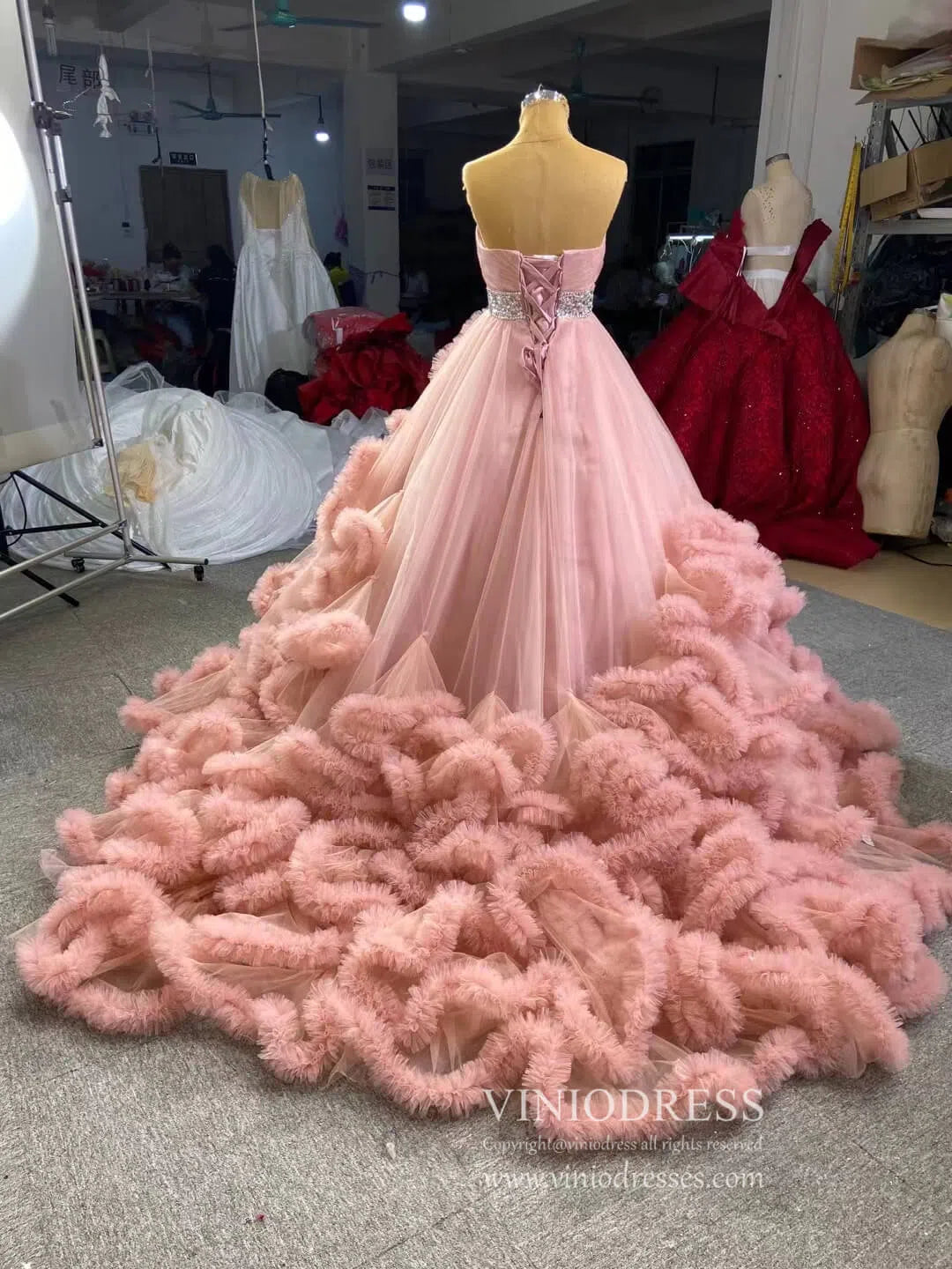 Ruffle Layered Vintage Ball Gown Strapless Couture Formal Dresses 6662 viniodress-Quinceanera Dresses 2025 -Viniodress-Dusty Rose-Custom Size-