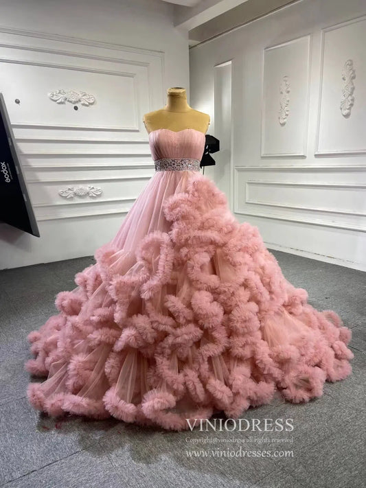 Ruffle Layered Vintage Ball Gown Strapless Couture Formal Dresses 6662 viniodress-Quinceanera Dresses 2025 -Viniodress-Dusty Rose-Custom Size-