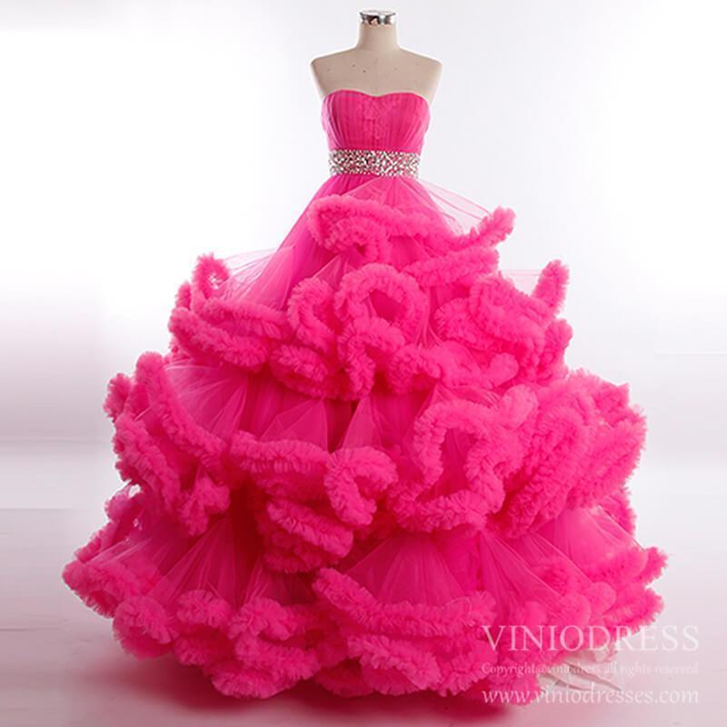 Ruffle Layered Vintage Ball Gown Strapless Couture Formal Dresses 6662 viniodress-Quinceanera Dresses 2025 -Viniodress-Fuchsia-Custom Size-