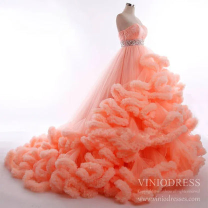 Ruffle Layered Vintage Ball Gown Strapless Couture Formal Dresses 6662 viniodress-Quinceanera Dresses 2025 -Viniodress-Peach-Custom Size-