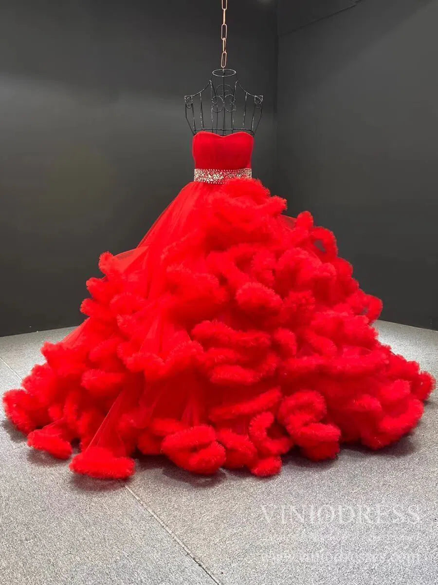 Ruffle Layered Vintage Ball Gown Strapless Couture Formal Dresses 6662 viniodress-Quinceanera Dresses 2025 -Viniodress-Red-Custom Size-