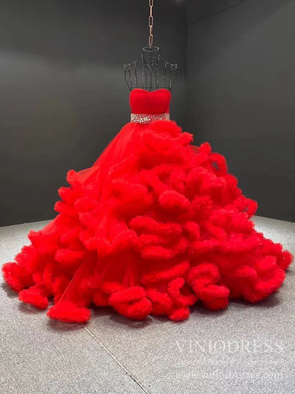 Ruffle Layered Vintage Ball Gown Strapless Couture Formal Dresses 6662 viniodress-Quinceanera Dresses 2025 -Viniodress-Red-Custom Size-