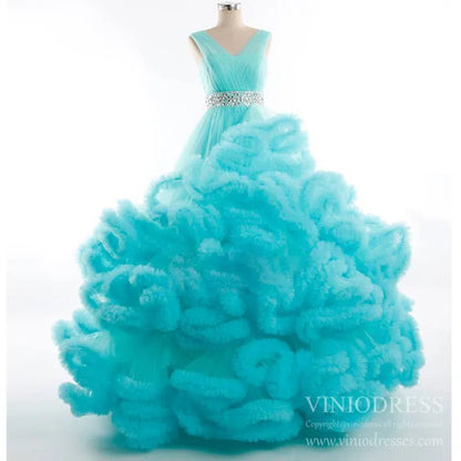 Ruffle Layered Vintage Ball Gown Strapless Couture Formal Dresses 6662 viniodress-Quinceanera Dresses 2025 -Viniodress-Turquoise-Custom Size-
