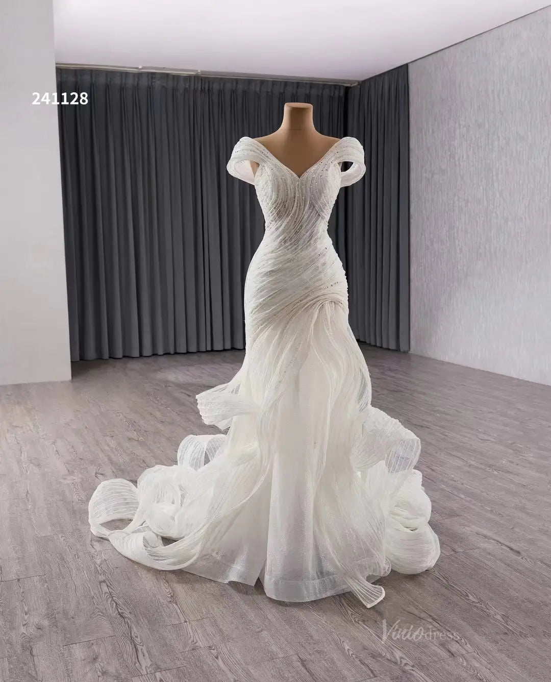 Ruffle Mermaid Wedding Dresses Off the Shoulder Corset Back Bridal Gown 241128-wedding dresses 2025 -Viniodress-Ivory-Custom Size-