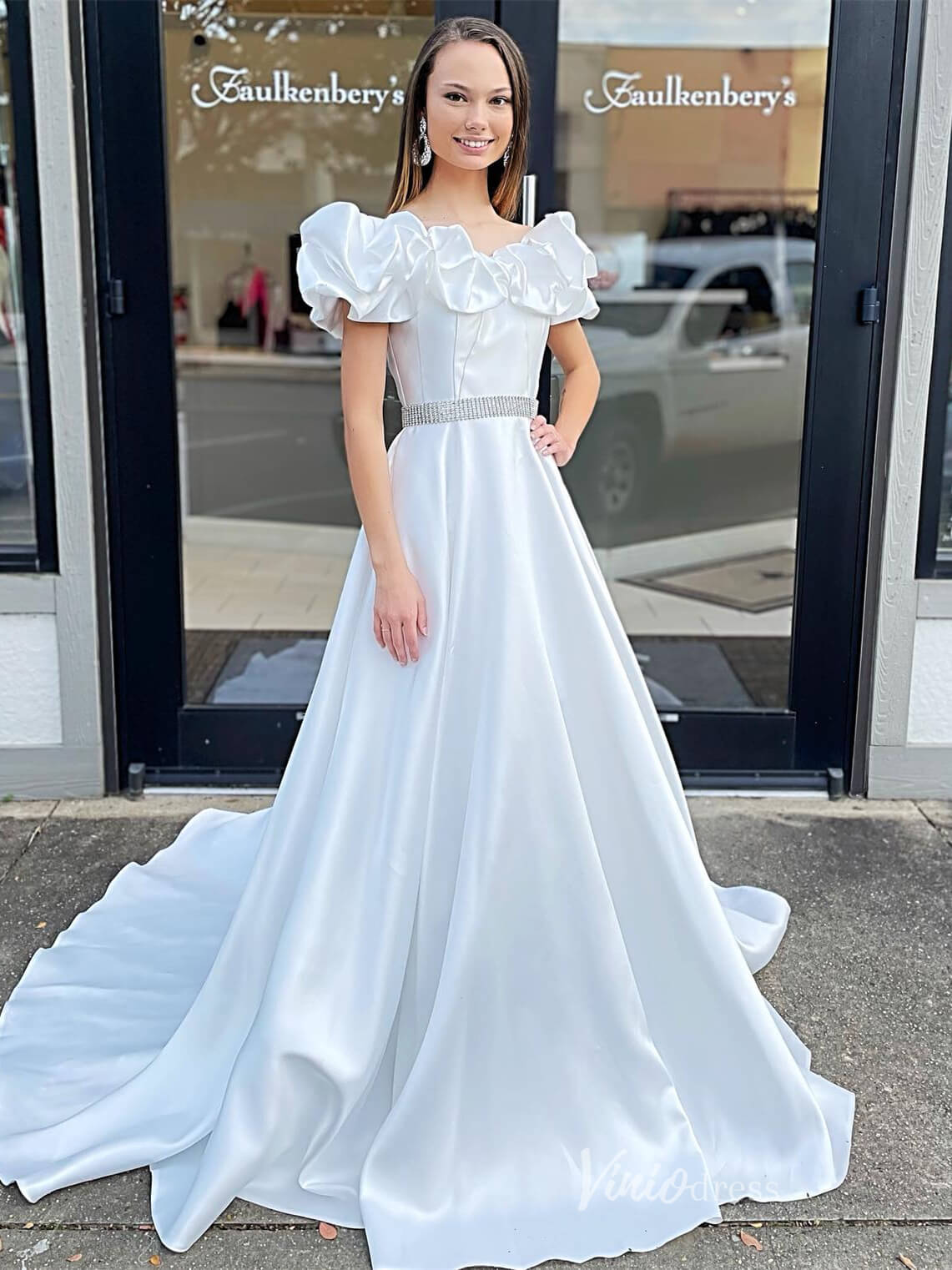 Ruffle Off the Shoulder Prom Dresses Satin Formal Gown FD4062-prom dresses-Viniodress-Ivory-Custom Size-Viniodress