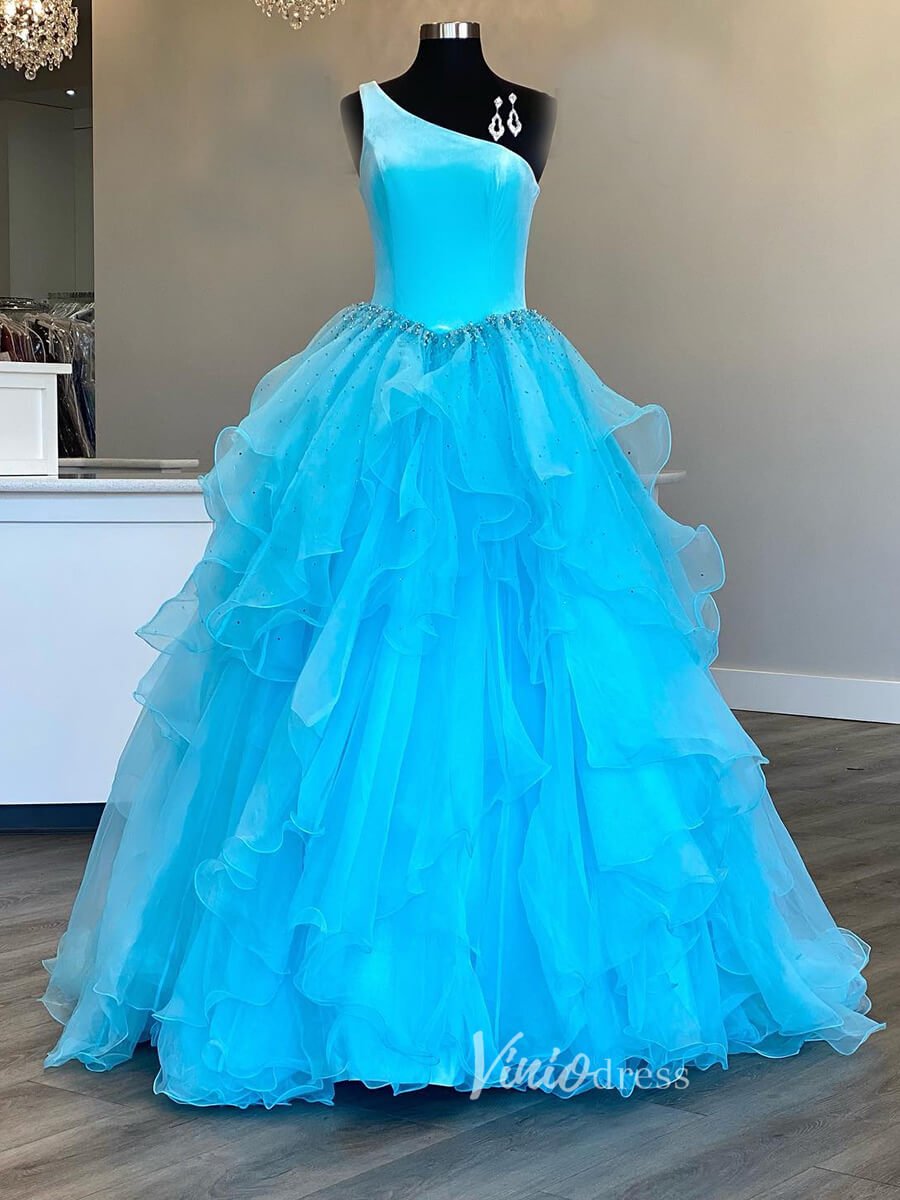 Ruffle Organza Prom Dress One Shoulder Pageant Dresses FD2974-prom dresses 2025 -Viniodress-Aqua-Custom Size-