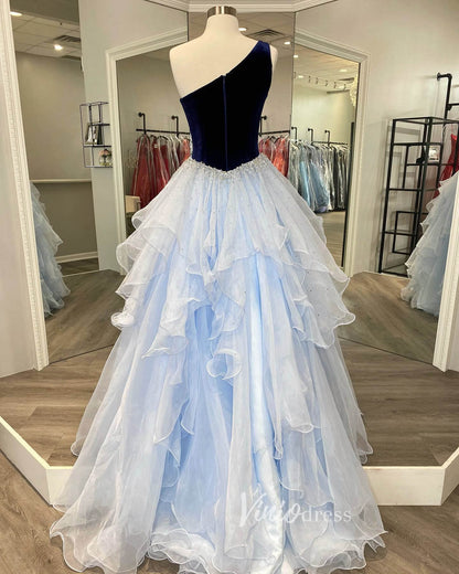 Ruffle Organza Prom Dress One Shoulder Pageant Dresses FD2974-prom dresses 2025 -Viniodress-Light Blue-Custom Size-