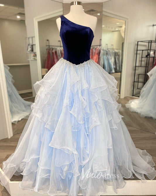 Ruffle Organza Prom Dress One Shoulder Pageant Dresses FD2974-prom dresses 2025 -Viniodress-Light Blue-Custom Size-