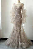 Prom Dress 2025 Ruffle Sleeve 20s Evening Dress Beaded Feather Formal Dress FD2478-unique prom dresses-Taupe-US 2-Viniodress