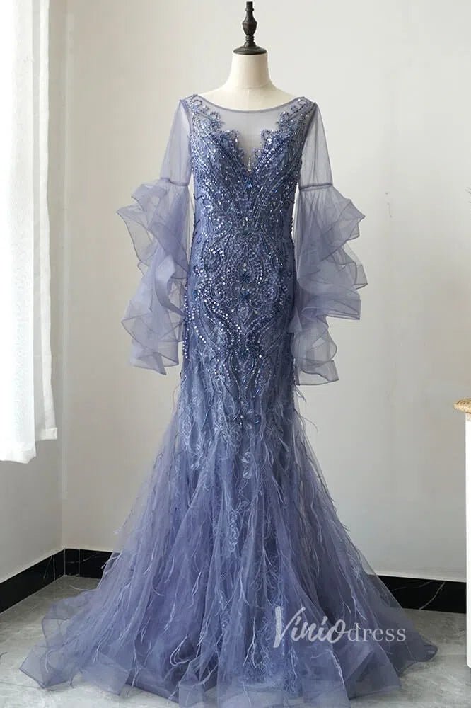 Ruffle Sleeve 20s Evening Dress Beaded Feather Mother of the Bride Dress FD2478-Evening Dresses 2025 -Viniodress-Taupe-US 2-