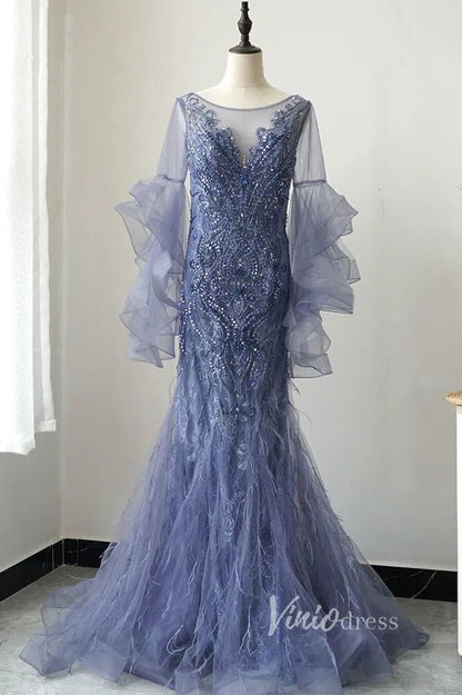 Ruffle Sleeve 20s Evening Dress Beaded Feather Mother of the Bride Dress FD2478-Evening Dresses 2025 -Viniodress-Taupe-US 2-