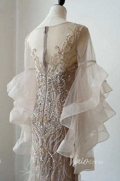 Ruffle Sleeve 20s Evening Dress Beaded Feather Mother of the Bride Dress FD2478-Evening Dresses 2025 -Viniodress-Taupe-US 2-