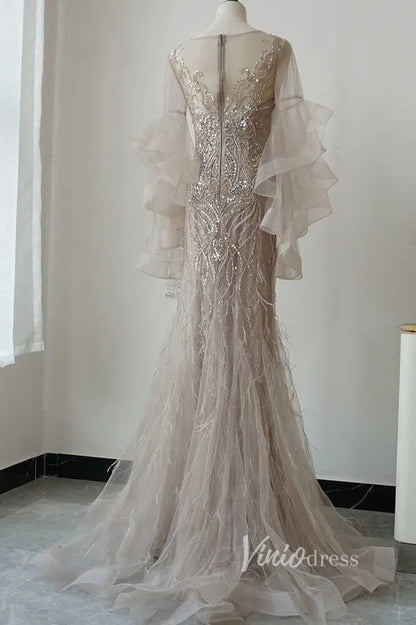 Ruffle Sleeve 20s Evening Dress Beaded Feather Mother of the Bride Dress FD2478-Evening Dresses 2025 -Viniodress-Taupe-US 2-
