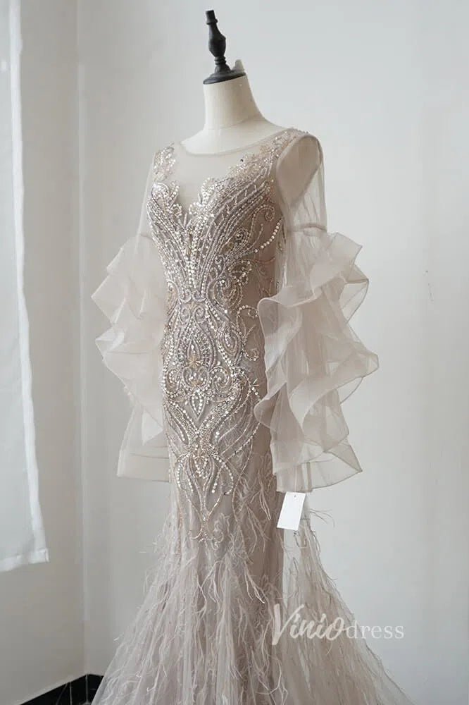 Ruffle Sleeve 20s Evening Dress Beaded Feather Mother of the Bride Dress FD2478-Evening Dresses 2025 -Viniodress-Taupe-US 2-