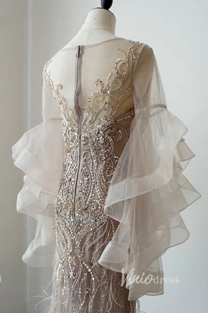 Ruffle Sleeve 20s Evening Dress Beaded Feather Mother of the Bride Dress FD2478-Evening Dresses 2025 -Viniodress-Taupe-US 2-