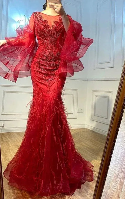 Ruffle Sleeve 20s Evening Dress Beaded Feather Mother of the Bride Dress FD2478-Evening Dresses 2025 -Viniodress-Taupe-US 2-