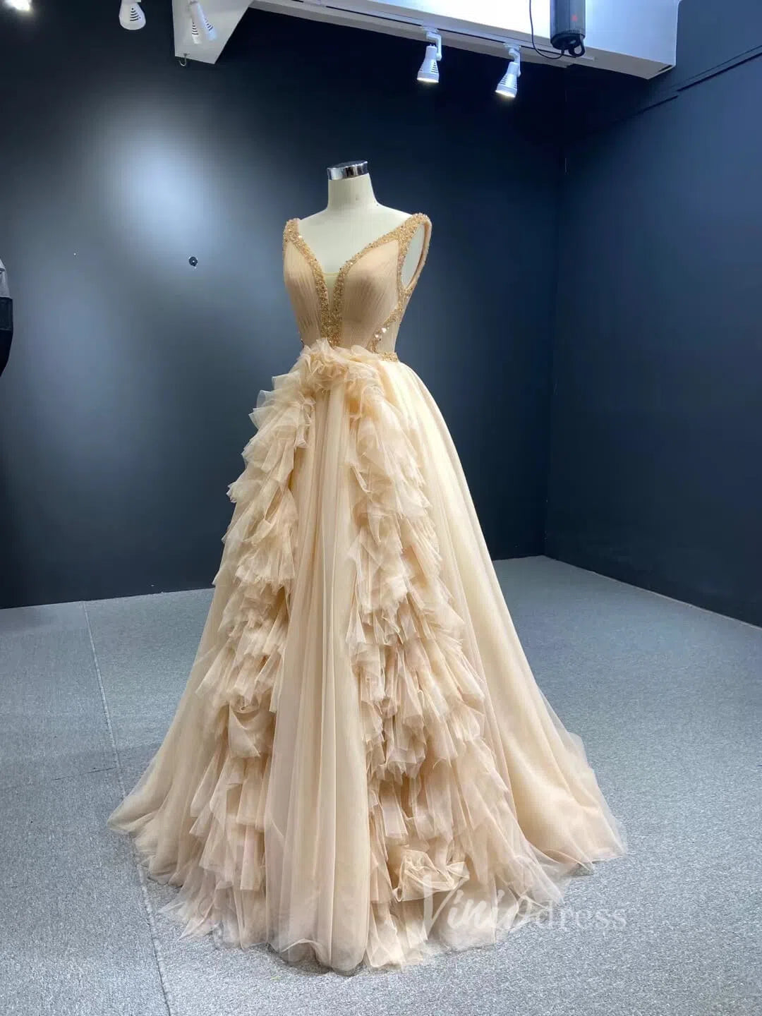 Ruffle Tulle Prom Dresses V-neck Beaded Ball Gown 66990 viniodress-prom dresses 2025 -Viniodress-Blue-Custom Size-