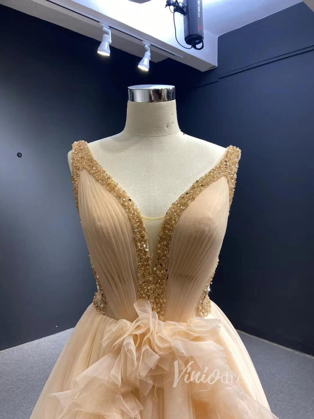 Ruffle Tulle Prom Dresses V-neck Beaded Ball Gown 66990 viniodress-prom dresses 2025 -Viniodress-Blue-Custom Size-