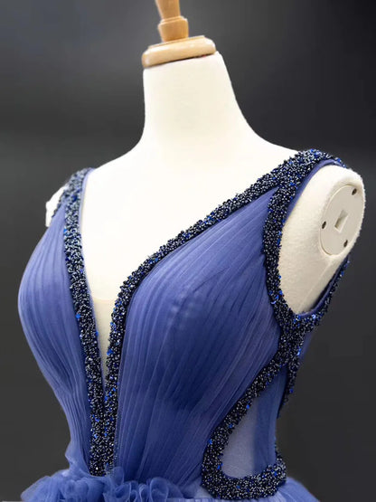 Ruffle Tulle Prom Dresses V-neck Beaded Ball Gown 66990 viniodress-prom dresses 2025 -Viniodress-Blue-Custom Size-