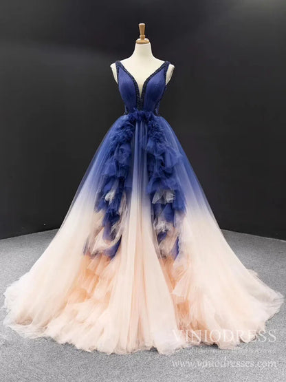 Ruffle Tulle Prom Dresses V-neck Beaded Ball Gown 66990 viniodress-prom dresses 2025 -Viniodress-Blue-Custom Size-