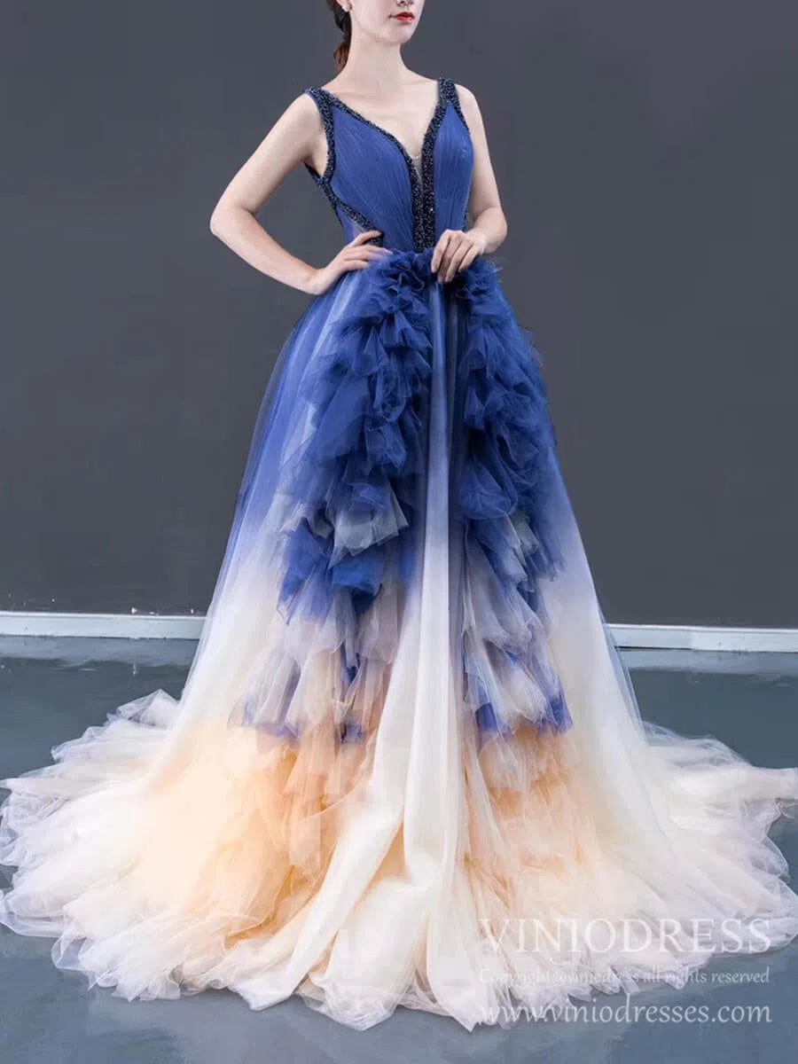 Ruffle Tulle Prom Dresses V-neck Beaded Ball Gown 66990 viniodress-prom dresses 2025 -Viniodress-Blue-Custom Size-