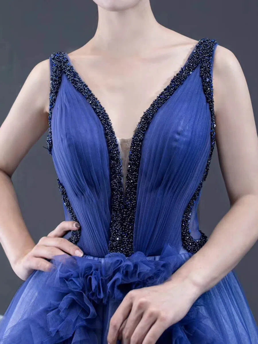 Ruffle Tulle Prom Dresses V-neck Beaded Ball Gown 66990 viniodress-prom dresses 2025 -Viniodress-Blue-Custom Size-