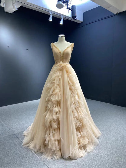 Ruffle Tulle Prom Dresses V-neck Beaded Ball Gown 66990 viniodress-prom dresses 2025 -Viniodress-Blue-Custom Size-