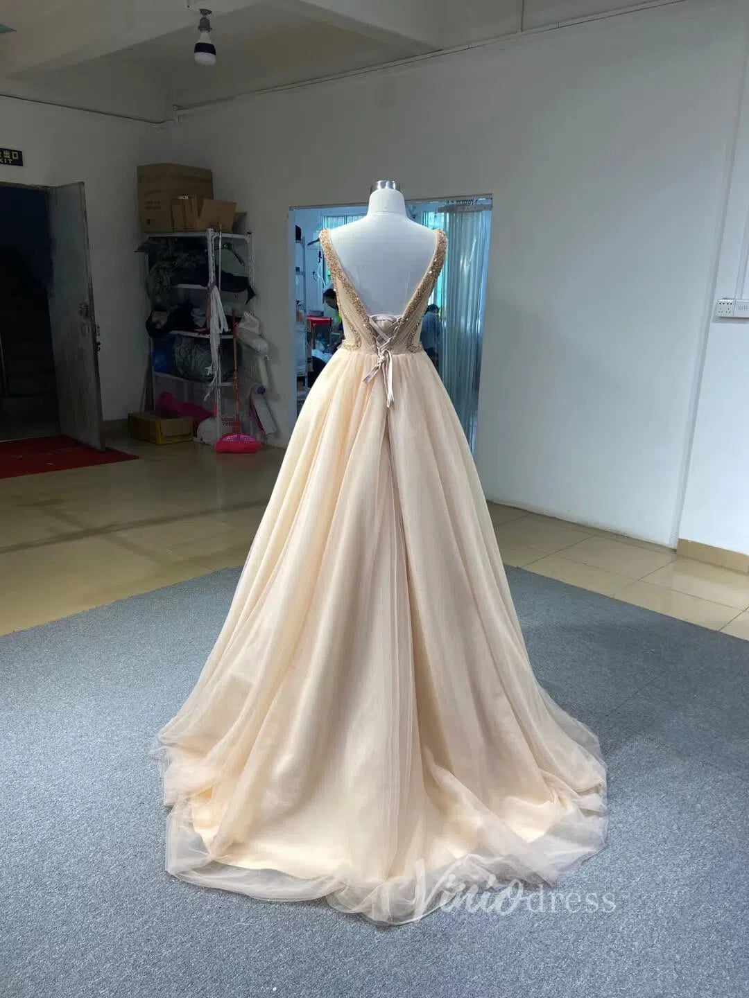 Ruffle Tulle Prom Dresses V-neck Beaded Ball Gown 66990 viniodress-prom dresses 2025 -Viniodress-Blue-Custom Size-