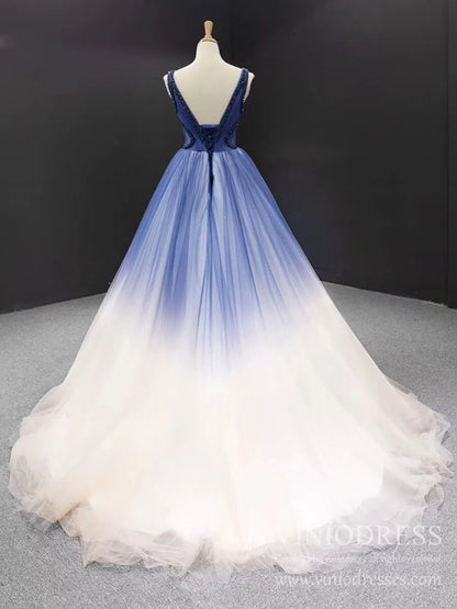 Ruffle Tulle Prom Dresses V-neck Beaded Ball Gown 66990 viniodress-prom dresses 2025 -Viniodress-Blue-Custom Size-