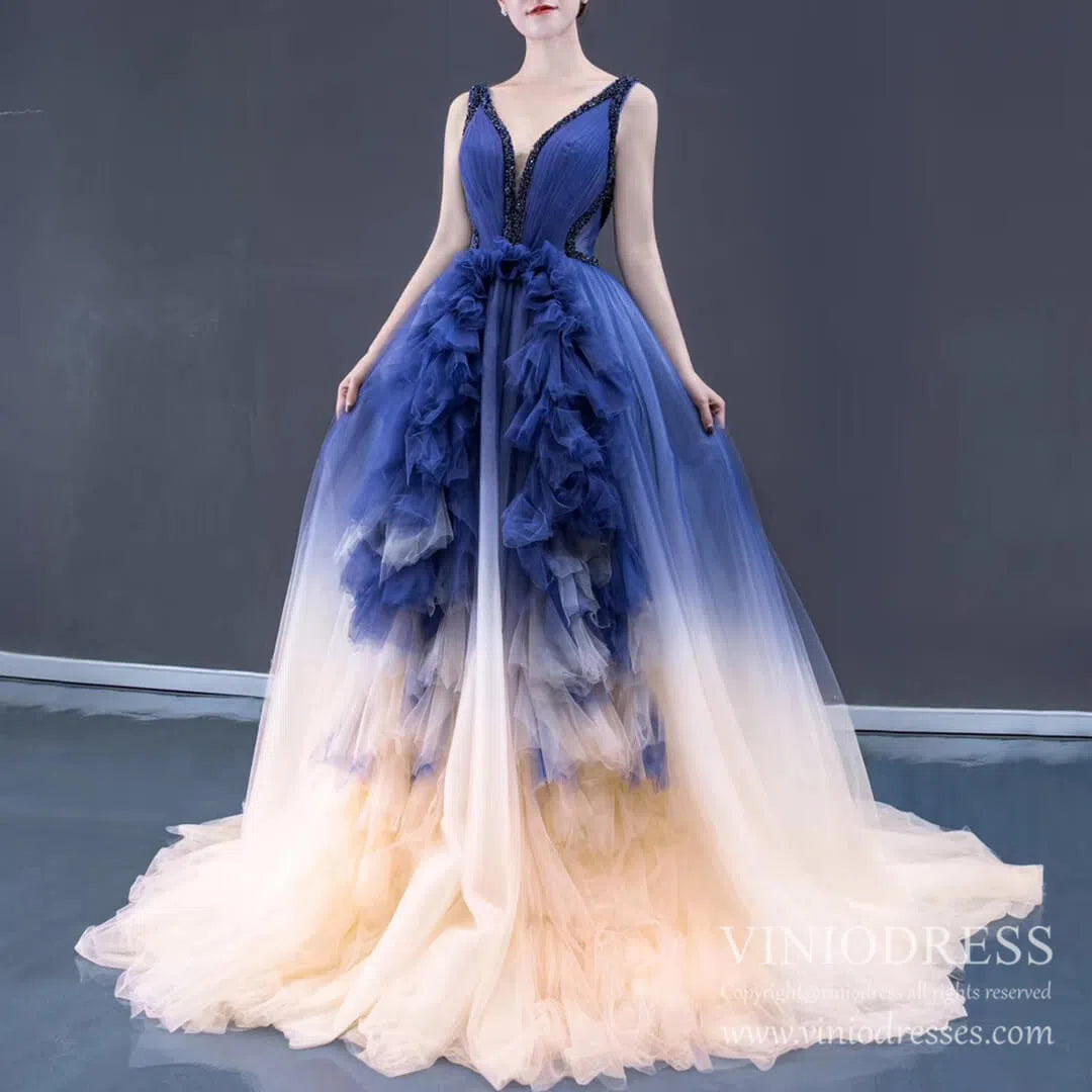 Ruffle Tulle Prom Dresses V-neck Beaded Ball Gown 66990 viniodress-prom dresses 2025 -Viniodress-Blue-Custom Size-