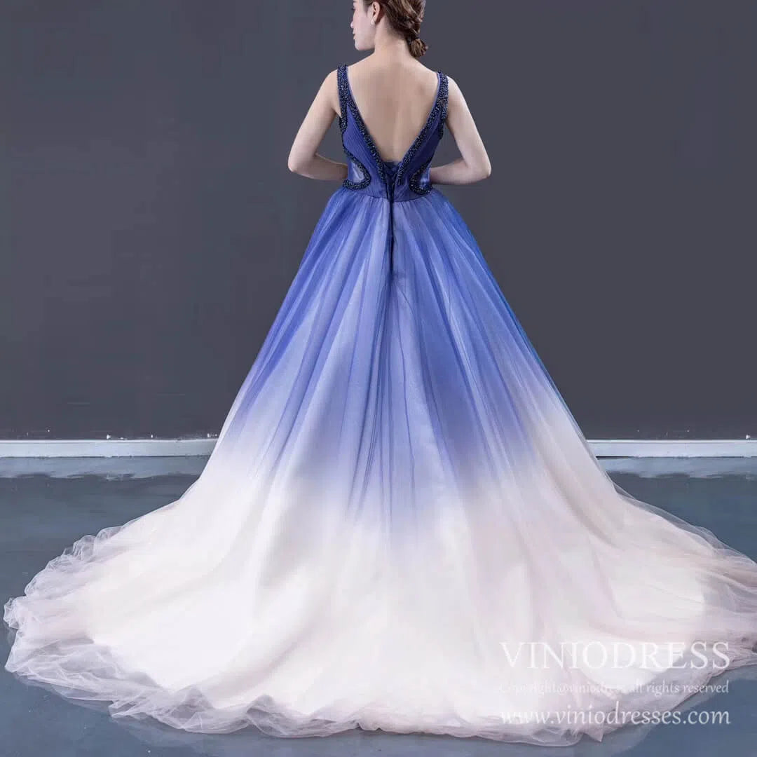 Ruffle Tulle Prom Dresses V-neck Beaded Ball Gown 66990 viniodress-prom dresses 2025 -Viniodress-Blue-Custom Size-