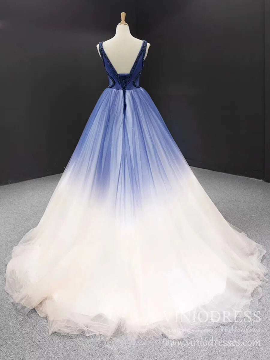 prom dresses 2025 Ruffle Tulle Prom Dresses V-neck Beaded Ball Gown 66990 viniodress-plus size wedding dresses Viniodress-Blue-Custom Size-