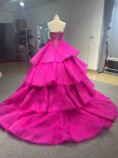 Ruffled Fuchsia Wedding Dresses Tiered Ball Gowns Corset Back 231068-Quinceanera Dresses 2025 -Viniodress-Fuchsia-Custom Size-