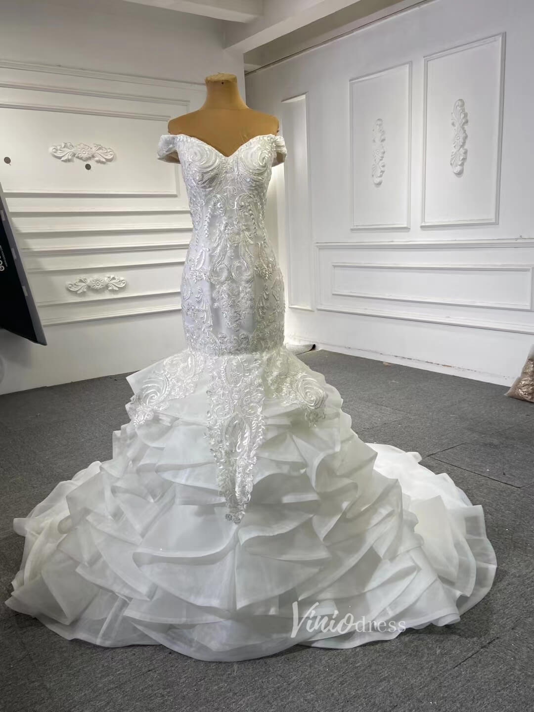 Ruffled Mermaid Wedding Dresses Beaded Lace Bridal Dress 67255-wedding dresses 2025 -Viniodress-Ivory-Custom Size-