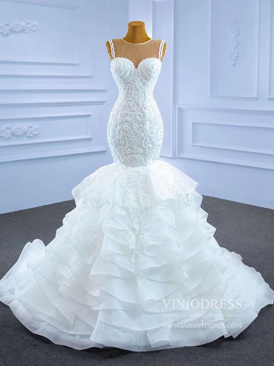 Ruffled Mermaid Wedding Dresses Beaded Lace Bridal Dress 67255-wedding dresses 2025 -Viniodress-Ivory-Custom Size-