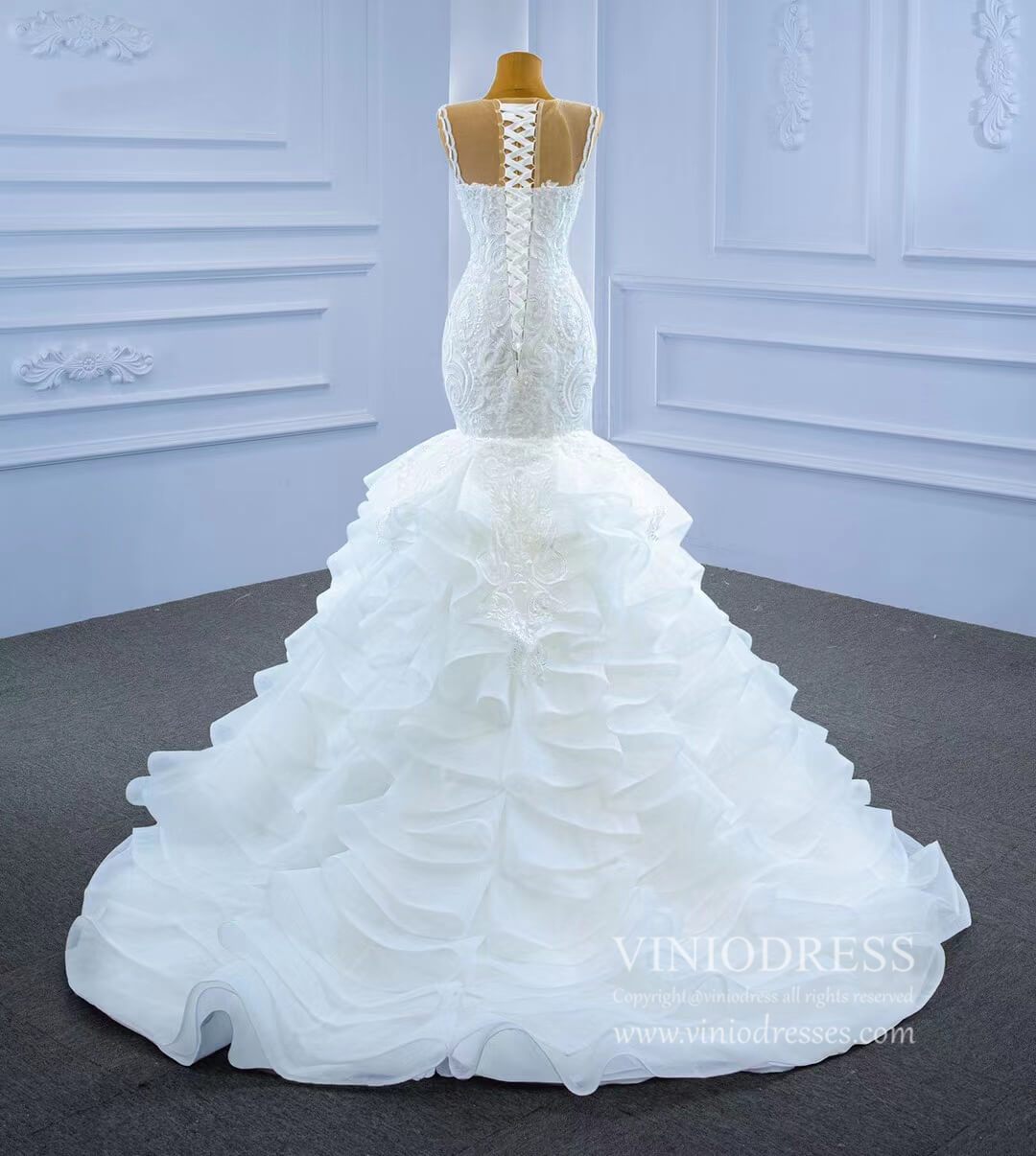 Ruffled Mermaid Wedding Dresses Beaded Lace Bridal Dress 67255-wedding dresses 2025 -Viniodress-Ivory-Custom Size-