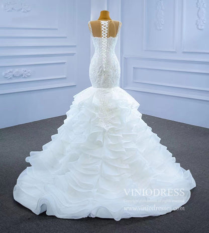 Ruffled Mermaid Wedding Dresses Beaded Lace Bridal Dress 67255-wedding dresses 2025 -Viniodress-Ivory-Custom Size-