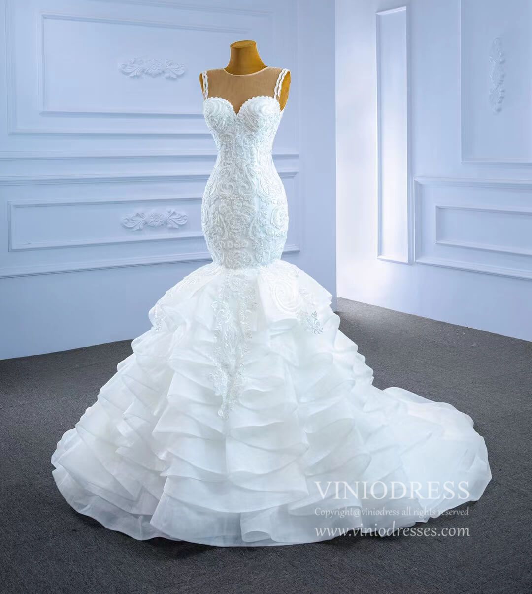Ruffled Mermaid Wedding Dresses Beaded Lace Bridal Dress 67255-wedding dresses 2025 -Viniodress-Ivory-Custom Size-
