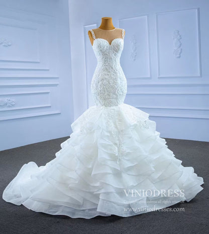 Ruffled Mermaid Wedding Dresses Beaded Lace Bridal Dress 67255-wedding dresses 2025 -Viniodress-Ivory-Custom Size-