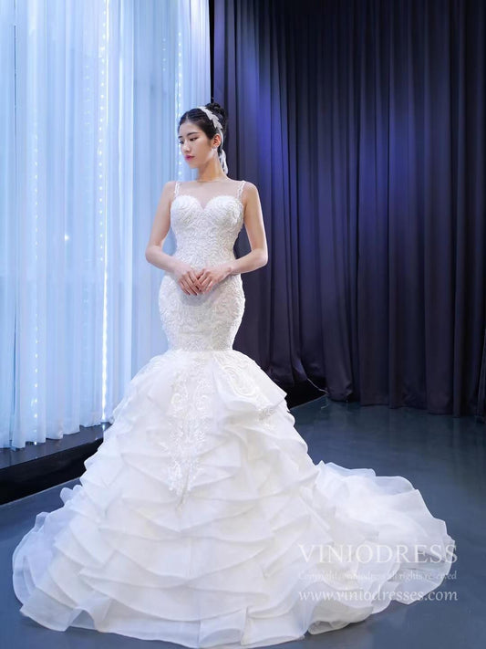 Ruffled Mermaid Wedding Dresses Beaded Lace Bridal Dress 67255-wedding dresses 2025 -Viniodress-Ivory-Custom Size-