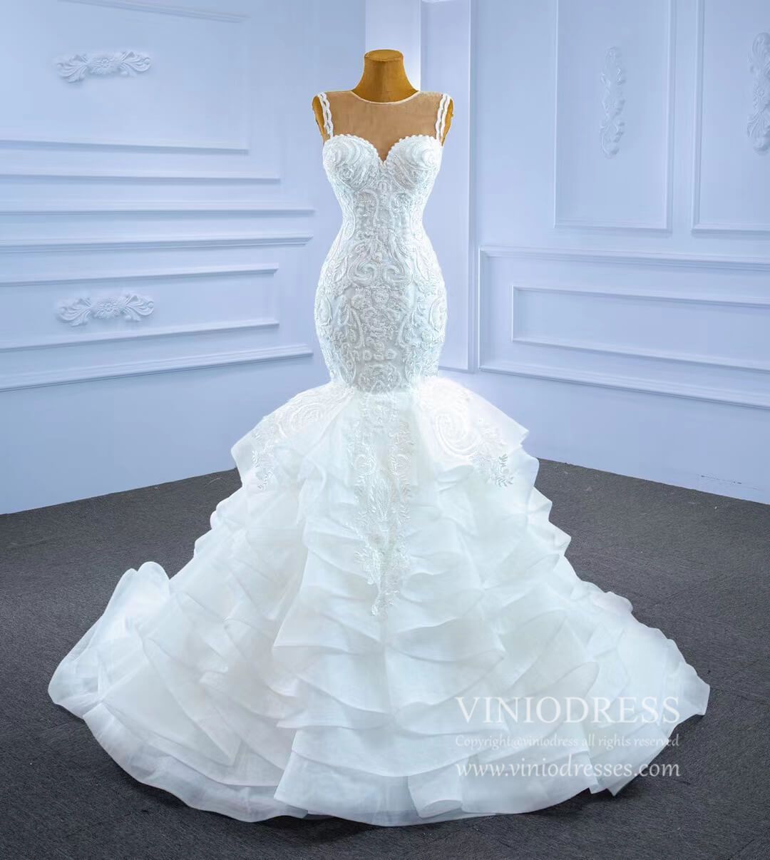 Ruffled Mermaid Wedding Dresses Beaded Lace Bridal Dress 67255-wedding dresses-Viniodress-Viniodress