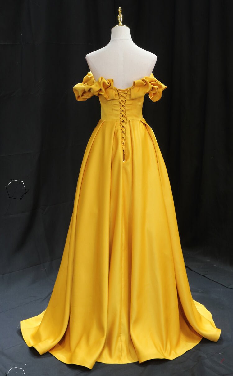 Ruffled Off Shoulder Gold Satin Prom Dresses Evening Dress FD2623   Viniodress
