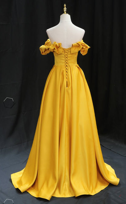 Ruffled Off Shoulder Gold Satin Prom Dresses Evening Dress FD2623-Prom Dresses 2025 -VINIODRESS-Gold-Custom Size-