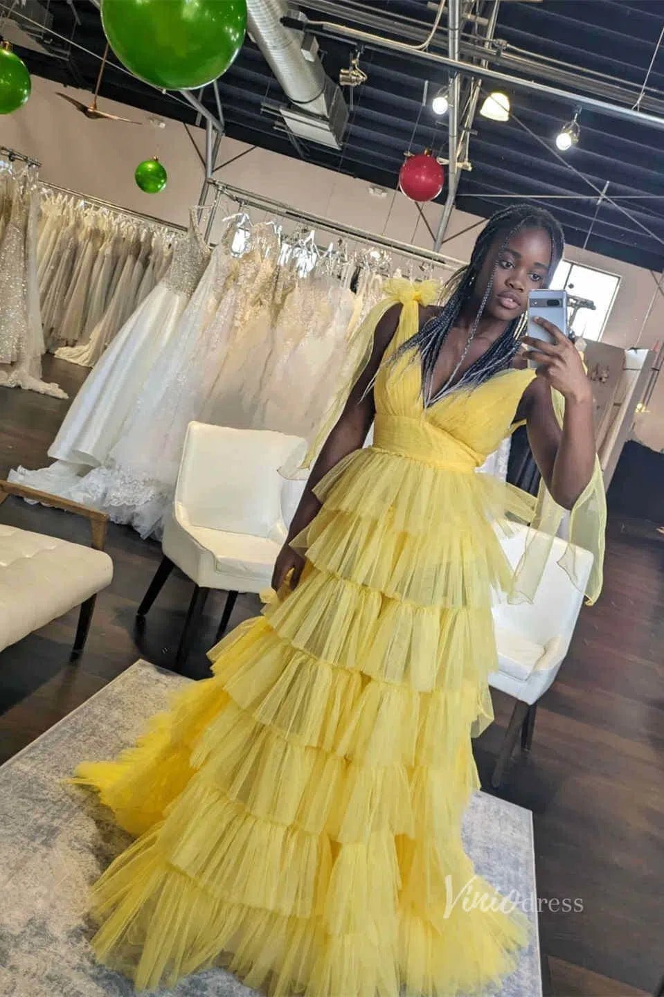 Ruffled Pleated Tulle Prom Dresses with Slit Bow Shoulder V-Neck FD4004-prom dresses 2025 -Viniodress-Aqua-Custom Size-