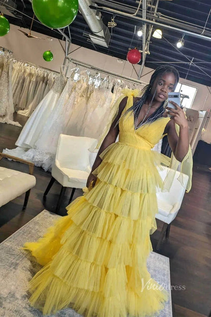 Ruffled Pleated Tulle Prom Dresses with Slit Bow Shoulder V-Neck FD4004-prom dresses 2025 -Viniodress-Aqua-Custom Size-