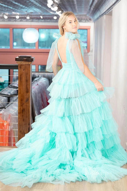 Ruffled Pleated Tulle Prom Dresses with Slit Bow Shoulder V-Neck FD4004-prom dresses 2025 -Viniodress-Aqua-Custom Size-