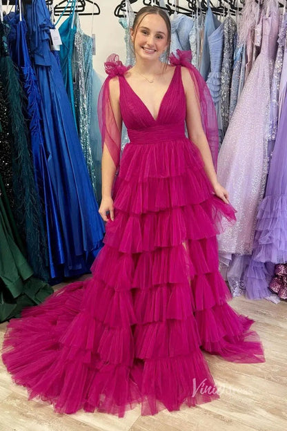 Ruffled Pleated Tulle Prom Dresses with Slit Bow Shoulder V-Neck FD4004-prom dresses 2025 -Viniodress-Fuchsia-Custom Size-